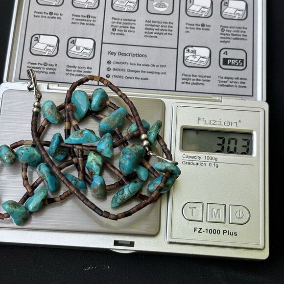 Vintage Turquoise Nugget and Heishi Beaded Necklace Sterling Silver Clasp 28” - Picture 7 of 8